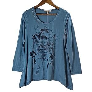 Womens Sz L Blue Studded Asymmetrical Hem Artsy Graphic Lagenlook Tunic Top